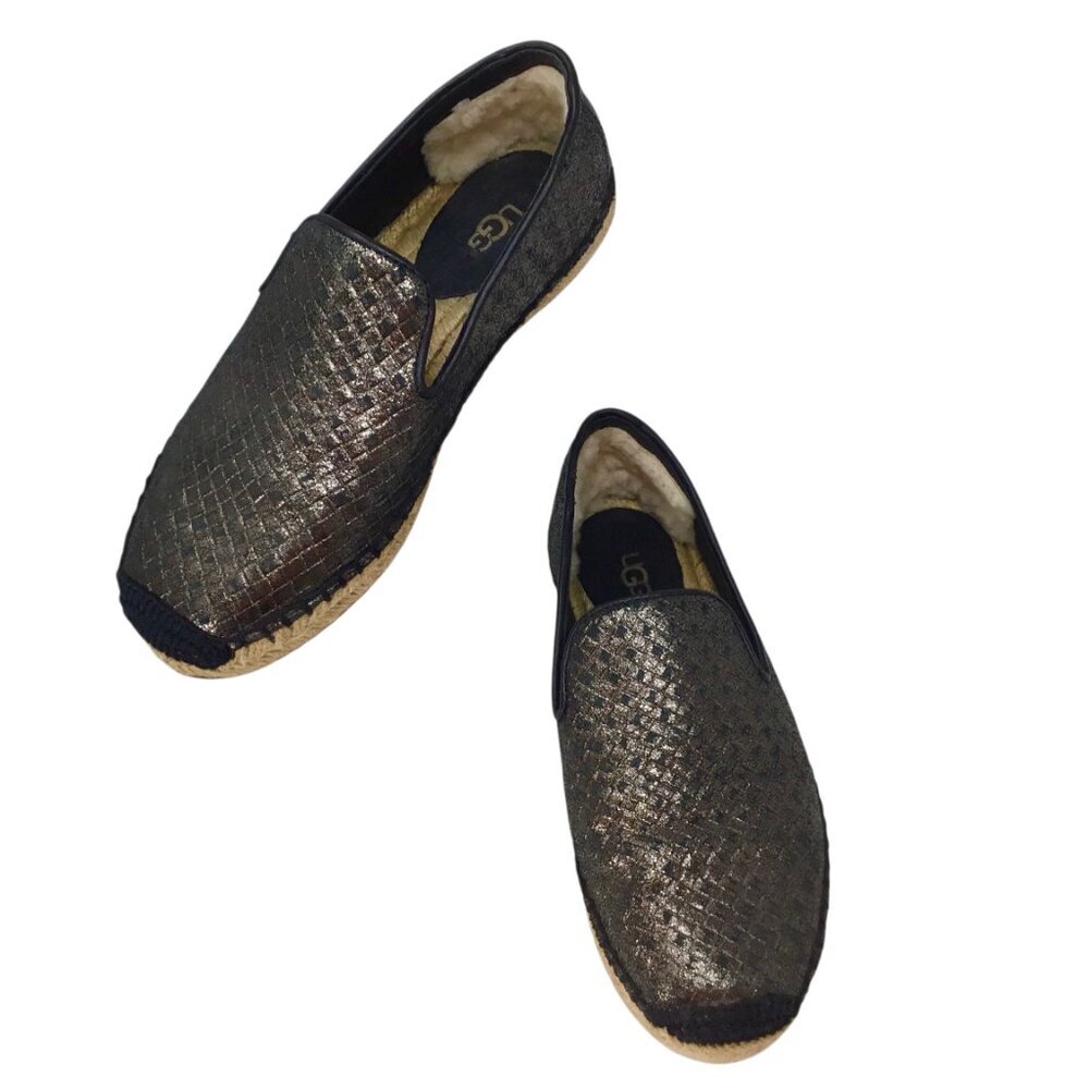 Ugg Sandrinne Espadrille Size 5 Basket Woven Flats Black Gold Metallic 1010196 - Picture 5 of 13